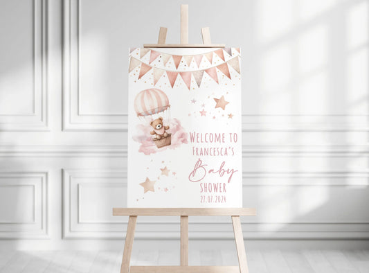 Personalised Baby Shower Welcome Sign - Pink Bear