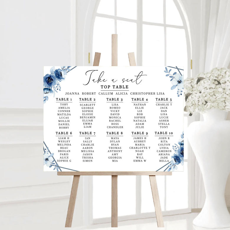 Blue floral wedding seating plan - elegant and stylish addition to your wedding decorations.
