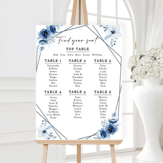 Personalised blue floral design wedding seating plan