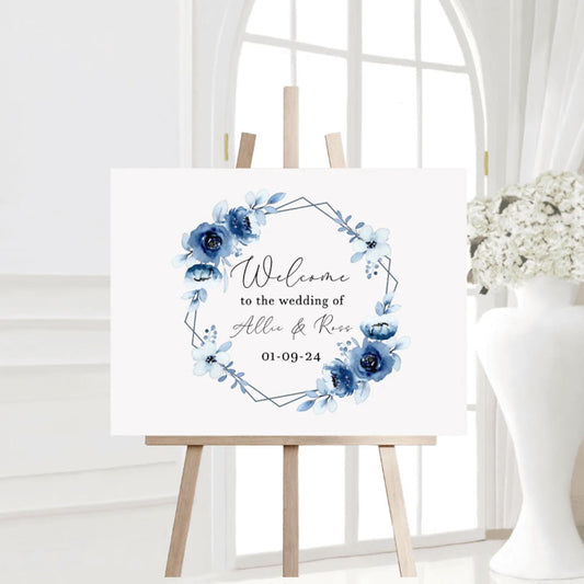 Blue floral design wedding welcome sign 