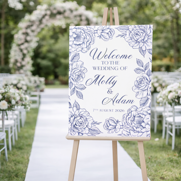 Wedding welcome sign with floral design on an easel outdoors