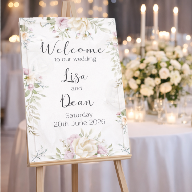 Wedding welcome sign with floral design on an easel, set against a wedding reception backdrop.