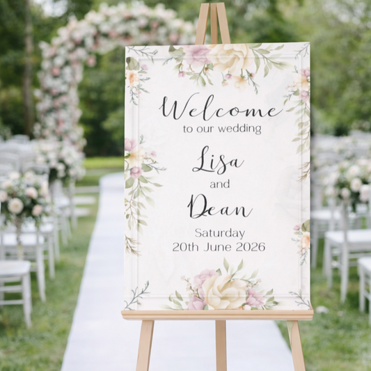 Wedding welcome sign with floral design on an easel at a wedding venue.