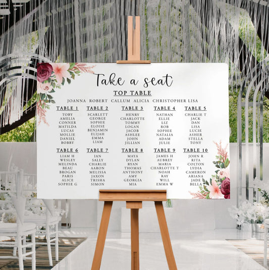 Burgundy and peach floral design wedding seating chart sign