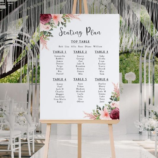 Burgundy and peach floral wedding seating chart sign