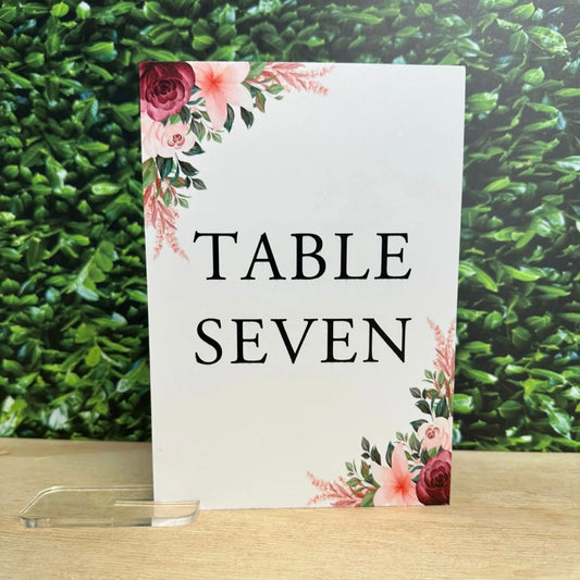 Burgundy and Peach Floral Table Number