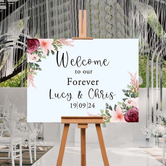 Burgundy and peach floral custom made wedding welcome sign