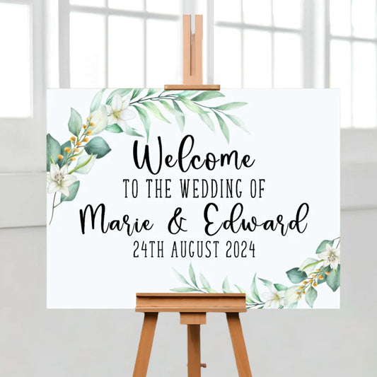 Green foliage theme wedding decorations - Personalised welcome sign