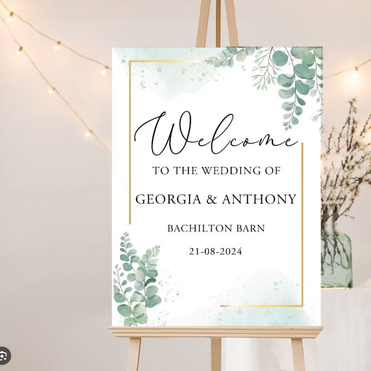 Personalised eucalyptus wedding welcome sign 
