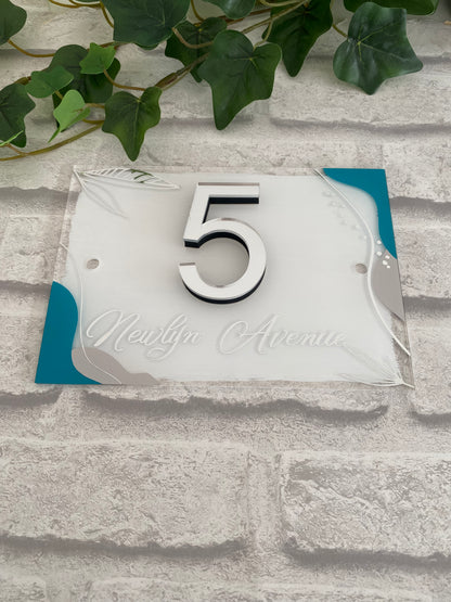 acrylic house sign with modern vinyl design and 3d silver mirror numbers