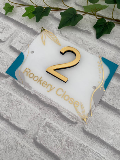 gold mirrored 3d number house sign with personlised address detail