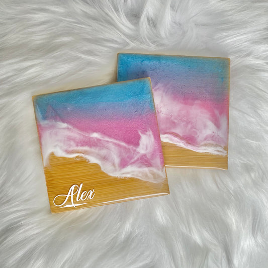 Personalised ocean art resin coaster - ideal for wedding name place cards or wedding favours