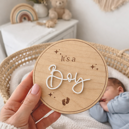 It's a boy gender reveal plaque