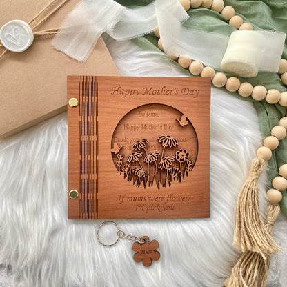 Wooden card with floral design and 'Happy Mother's Day' message