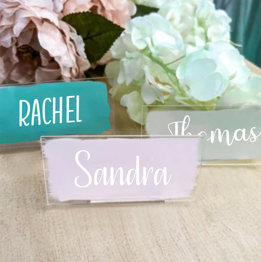 range of painted rectangle acrylic wedding name place cards