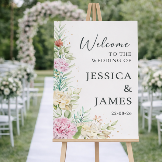 Peony wedding welcome sign on an easel