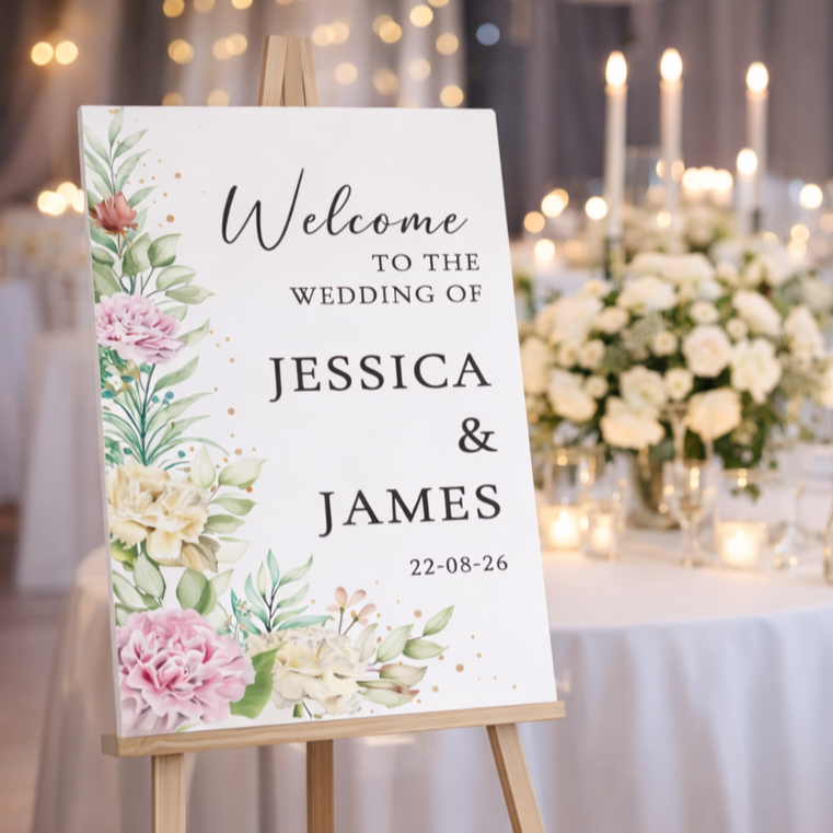 Wedding welcome sign with peony flowers in a reception venue