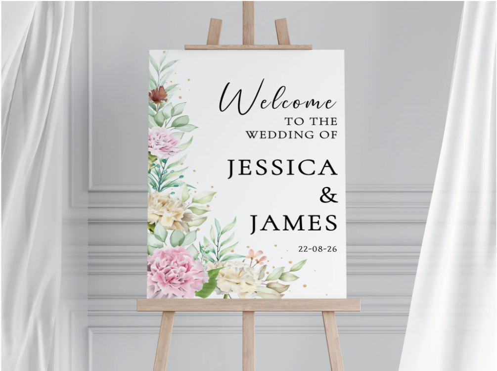 Wedding welcome sign on an easel with peony flowers
