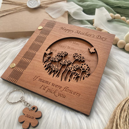 Wooden card with 'Happy Mother's Day' message and keychain on a soft fabric background