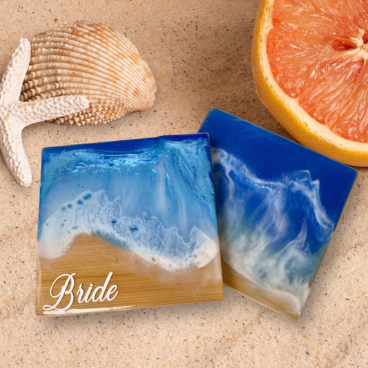 Personalised ocean art resin coaster - unique handmade coastal decor for home or office