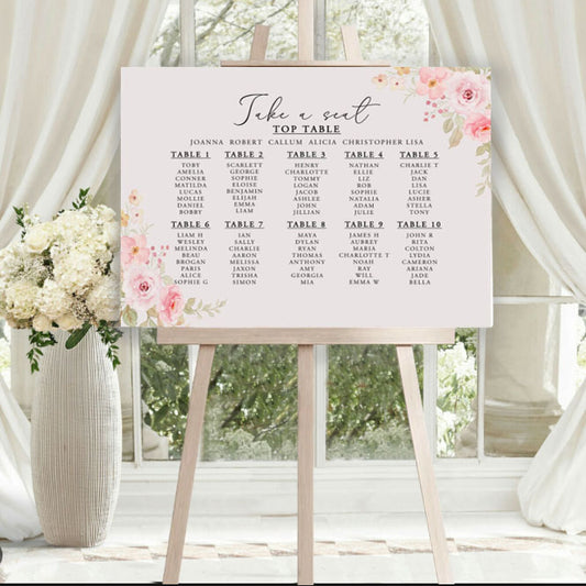 Pink rose design wedding seating arrangement sign 