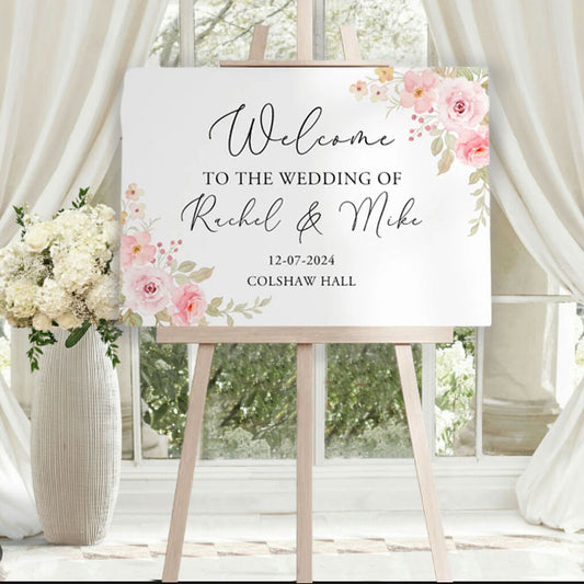 Personalised wedding welcome board - pink rose theme 