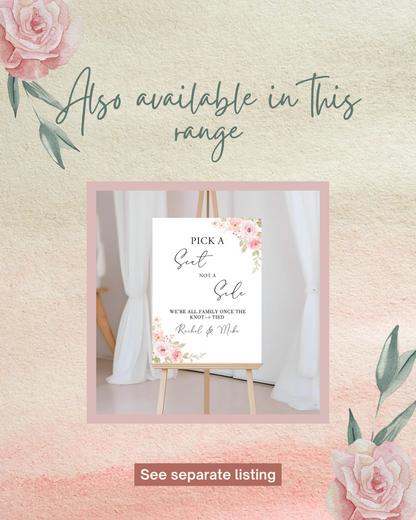 Pink rose wedding sign - personalised pick a seat not a side sign 