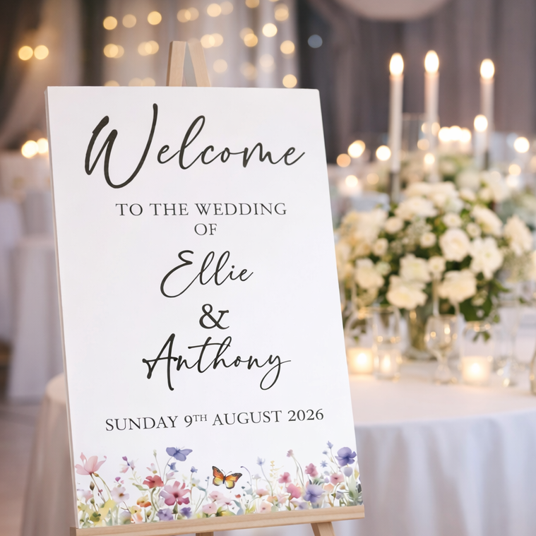 Wildflower wedding welcome sign on an easel