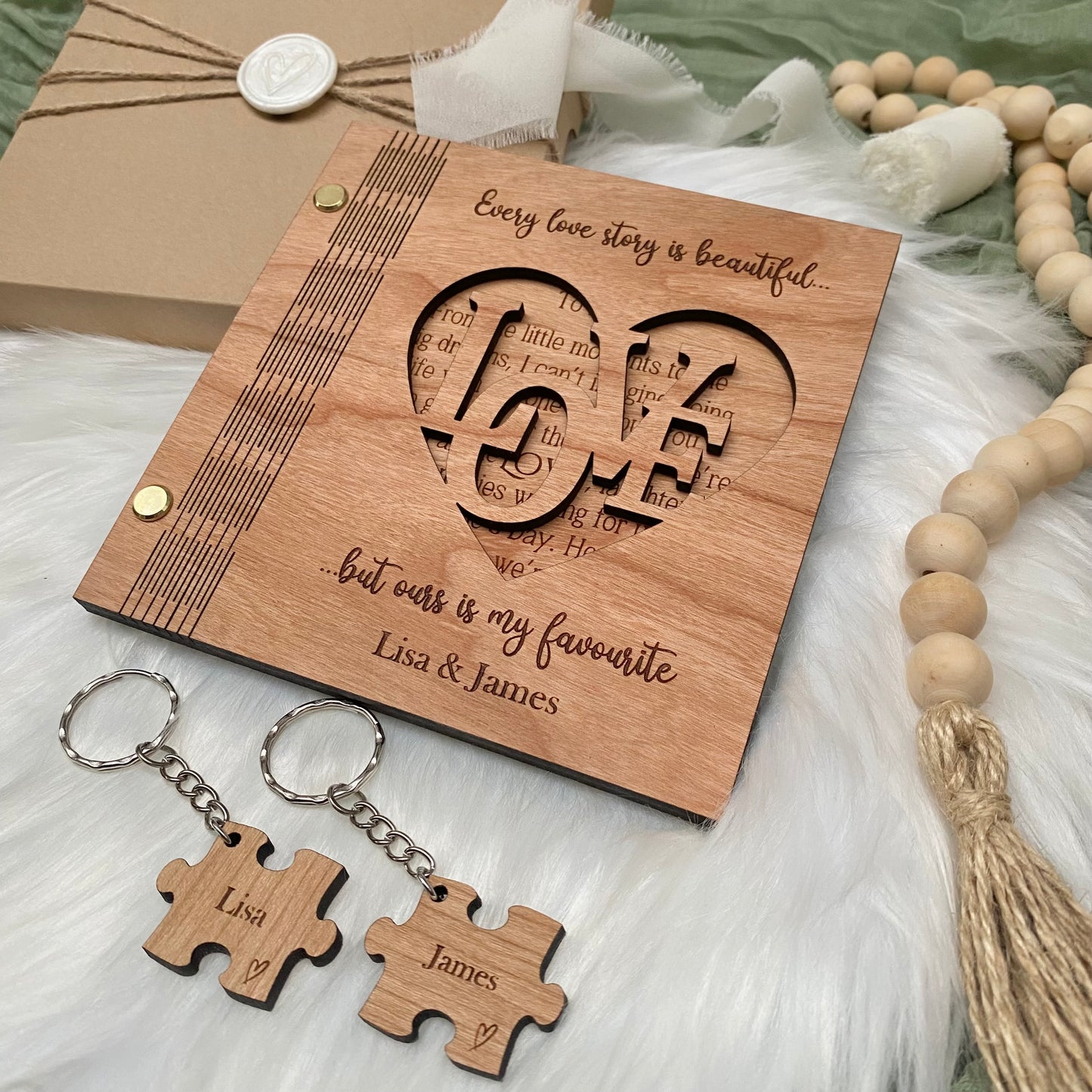 Personalised Wooden Valentines Card and couples keyrings