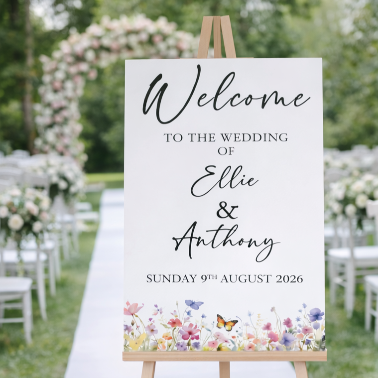 Wedding welcome sign with wildflower design at an outdoor venue